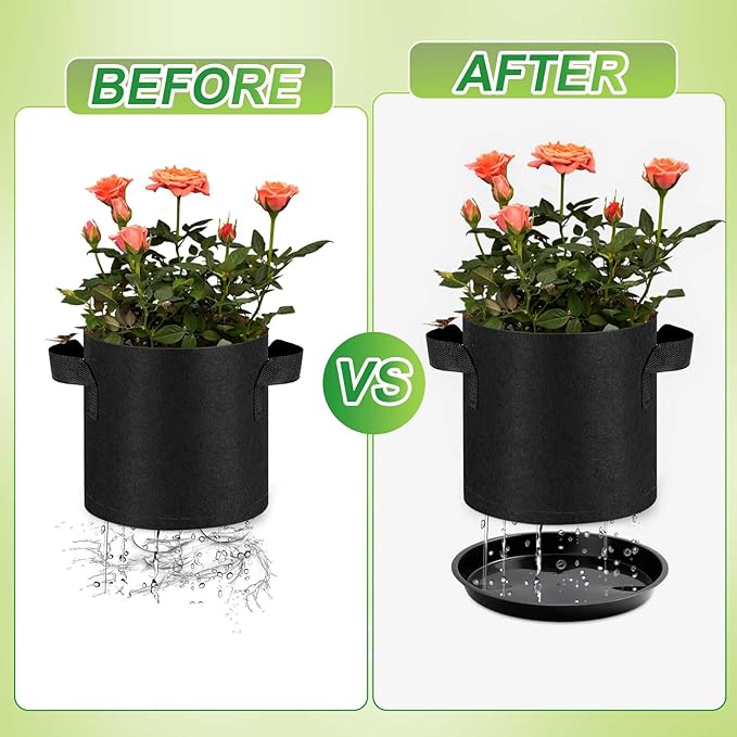 5 Pack 3 Gallon Grow Bags with 5 Plant Saucer and 5 Labels, Sturdy Fabric Plant Pots, Fabric Garden Grow Bags for Vegetables, Aeration Pots with Handles