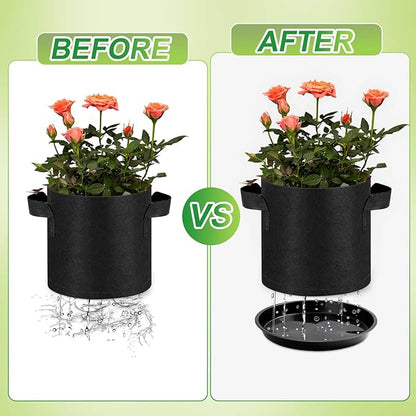 5 Pack 3 Gallon Grow Bags with 5 Plant Saucer and 5 Labels, Sturdy Fabric Plant Pots, Fabric Garden Grow Bags for Vegetables, Aeration Pots with Handles