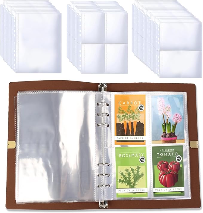 Seed Organizer Binder with 80 Resealable Envelopes - 40 Sheet Protectors for Garden Seed Storage (Brown)