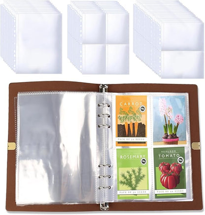 Seed Organizer Binder with 80 Resealable Envelopes - 40 Sheet Protectors for Garden Seed Storage (Brown)