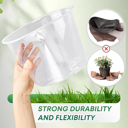 10 Pack 8 Inch Large Clear Nursery Pots with Drainage Hole, Plastic Plant Pots for Seedlings Flowers Vegetablesb, Indoor Outdoor Gardening, Used as Liners Inside Decorative Pots (8 inch)