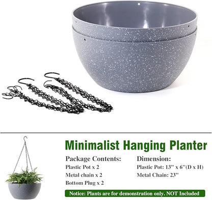 13 inch Large Hanging Planters Plant Pots for Outdoor Indoor Plants with Drainage Holes and Chain, 2 Pack Round Hanging Flower Pots for Garden Home Porch Decor, Speckled Grey