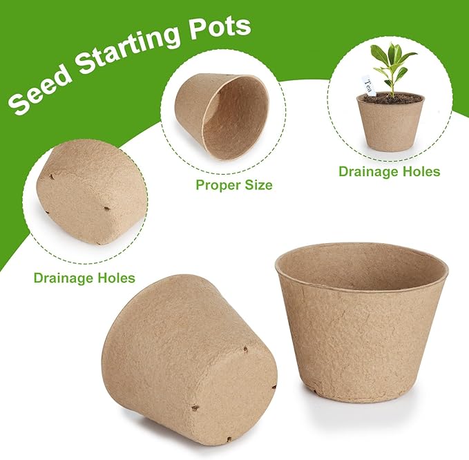 65 Pcs Organic Peat Pots, 4 Inch Nursery Pot Set, Round Plant Seedling Pots with Drainage Holes, Small Seed Starting Starter Tray Bulk, Garden Germination Container with 65 Plant Labels