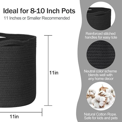 Cotton Rope Plant Basket, Woven Basket Planter for 10 inch Pot, Round Indoor Tree Pot Cover, Small Storage Bin Organizer, Modern Bins for Plants and Home Decor, 11”X11”, Black