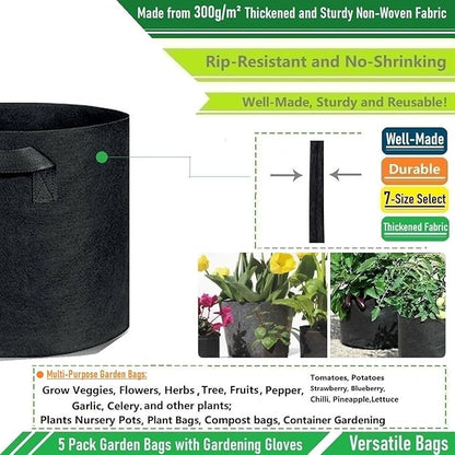 5-Pack 5 Gallon Thickened Plant Grow Bags (12x10 inch) Fabric Plant Pots for Flower Pot,Potato Tomato Planters,Herbs Veggies Planter Bag,Garden Pot,Barrel Planter,Plant Container with Gardening Gloves