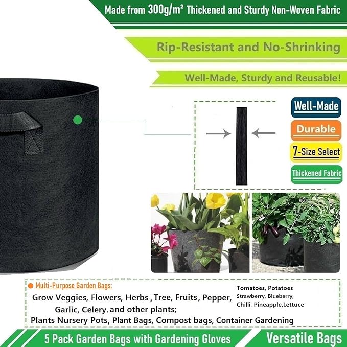 5-Pack 15 Gallon Thickened Plant Grow Bags (20x12 inch) Fabric Plant Pots for Potato,Tomato Planters,Herbs Veggies Planter Bags,Flower Pot,Garden Pot,Barrel Planter,Plant Container W/ Gardening Gloves