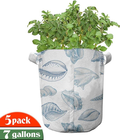 Lunarable Nautical Grow Bags 5-Pack, Soft Toned Marine Animals, Heavyduty Fabric Pots with Handles for Plants, Blue White
