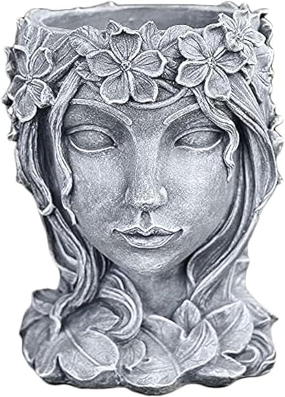 Head Planter Face Flower Pot Goddess Statue Plant Pot Decorative Girl Portrait Planter Indoor Outdoor Girl Face Flower Vase Container Planter (Gray)