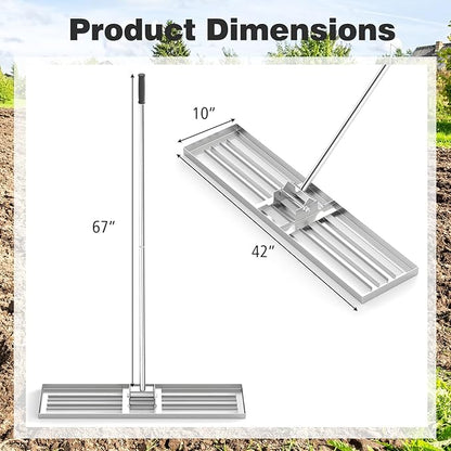 42" x 10" Lawn Leveling Rake, Heavy Duty Landscape Rake with 67" Handle, Non-Slip Grip & Flat Head, Space-Saving Lawn Level Tool for Garden, Backyard, Golf Course & Sports Field(Silver)