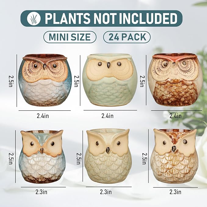 Nitial 24 Pack Owl Succulent Plant Pots Mini Small Ceramic Pots with Drainage Hole Cute Planters for Plants, Plants Not Included, Home Office Desk Garden Gift Ideas, 2 Size