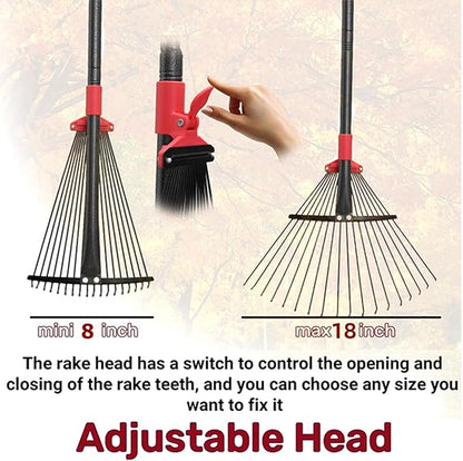 61 Inch Rake for Leaves , Adjustable 18 Tines with Expandable Head 9-18in Grass Rake Heavy Duty Metal Rakes for Women Children Yard Gardener Gardening Grass Debris Lawns