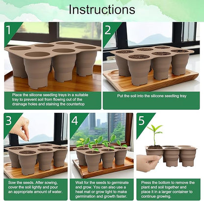 Seed Starter Trays, 2 Pack 6 Cells Seed Starter Kit, Silicone Plant Germination Trays Gardening Starter Kit, Reusable Seed Starter Tray for Plant Germination, Seeds Growing