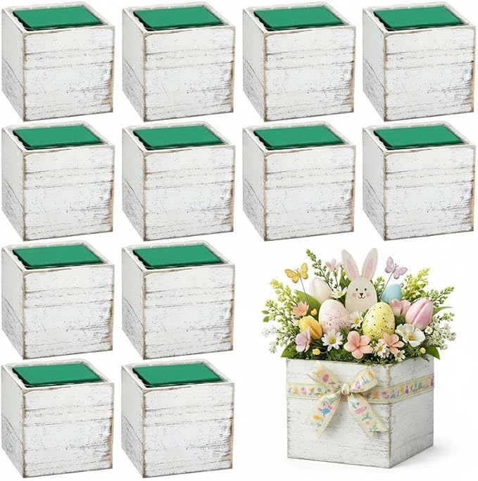 Dandat 12 Sets Wooden Cube Planter Boxes for Centerpiece 4 Inch Flower White Wood Rustic Square Vase with Removable Plastic Liner Floral Foam Block for Garden Wedding Home Arrangement Decor
