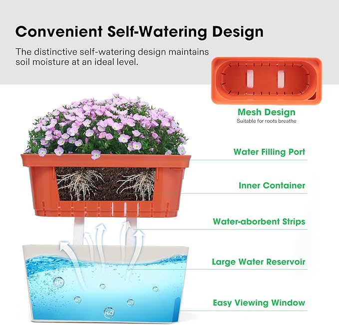 VIVOSUN Self-Watering Planters, 12-Pack 10.5 Inch Compact Rectangular Window Herb Planter Box with 10 PCS Plant Labels, Plant Container for Basil, Flowers, Succulents, Indoor & Outdoor