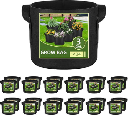24 Pack 3 Gallon Grow Bags, Heavy Duty Thickened Aeration Fabric Pots with Handles for Vegetable/Flower/Plant