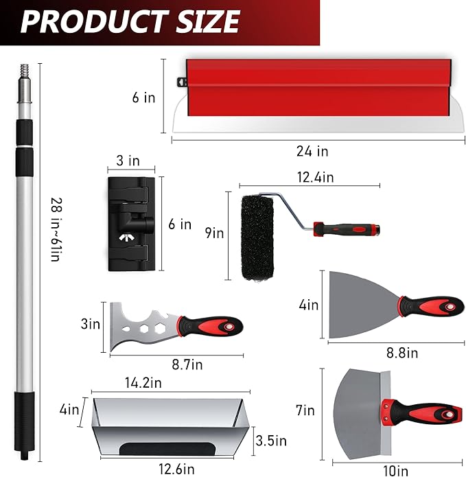 Drywall Skimming Blade Set, Include 24" Skimming Blade, 12" Mud Pan, 7" Drywall Compound Rollers, a Extension Handle and Three Drywall Tools for Drywall/Plaster/Wallboard