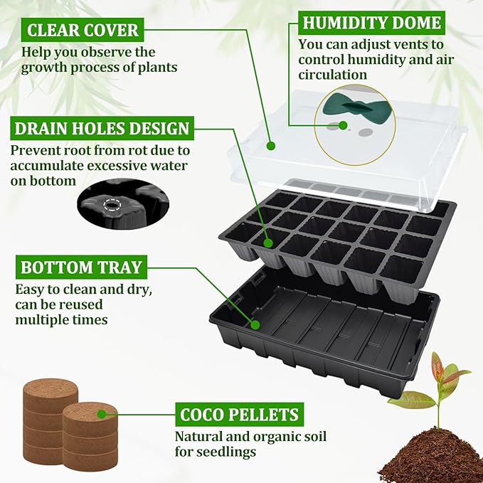Halatool 2 Pack Seed Starter Trays with 50 Pcs Coco Pellets, Greenhouse Indoor Seed Germination System for Herbs Vegetables Flowers, Seed Starter Kit