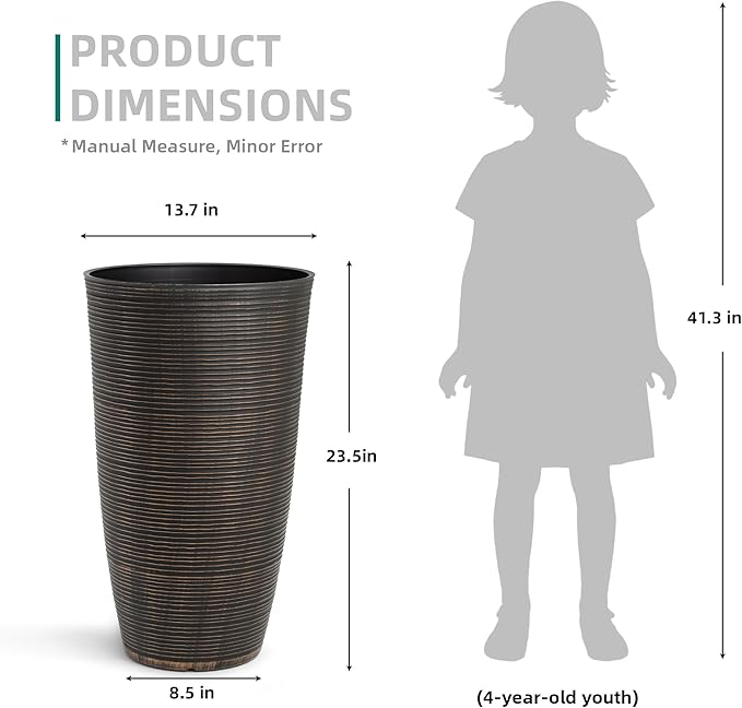 23.5"H Tall Pot Planters, 2-Pack Taper Large Flower Pots for Indoor Outdoor Use, UV-Protect PP Plant Container for Garden Patio Yard Balcony Porch or Home Decor, Bronze Vertical Stripes Texture