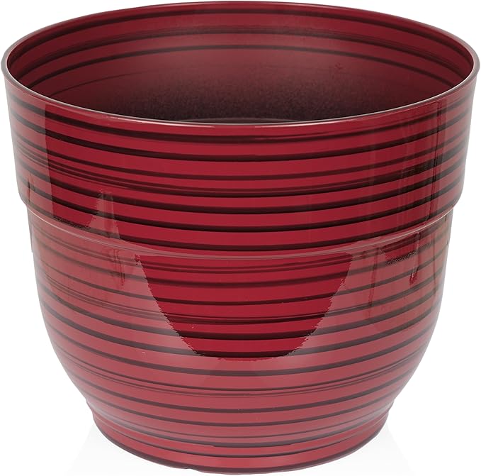 Alpine Corporation TWM120RD Indoor/Outdoor 13" Round Striped Planter, Glossy Planter with Drainage Hole and Plug, Red