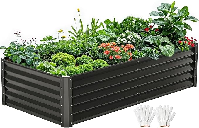 DWVO 6 x 3 x 1.5 FT Raised Garden Bed Kit, Outdoor Galvanized Flower Bed with Gloves, Large Metal Planter Box for Vegetables, Flowers, Herbs, Fruits, Black