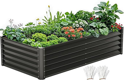 DWVO 6 x 3 x 1.5 FT Raised Garden Bed Kit, Outdoor Galvanized Flower Bed with Gloves, Large Metal Planter Box for Vegetables, Flowers, Herbs, Fruits, Black