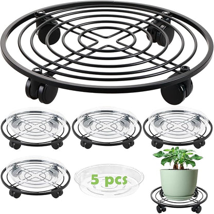 12" Metal Plant Caddy with Wheels 5 Packs Large Rolling Plant Stands Indoor Wheeled Plant Dolly Heavy-duty Pot Mover Roller Base Outdoor Plant Trolley Cart with Brake Water-proof Dust-proof, Black