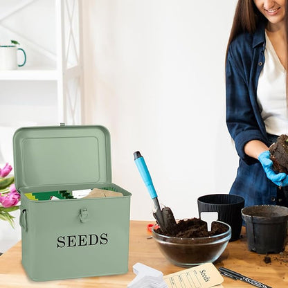 3 Dividers Seed Storage Box, Metal Seed Box Seed Storage Organizer with Safety Lock, Portable Garden Seed Bin, Professional All-in-one Kit, Green