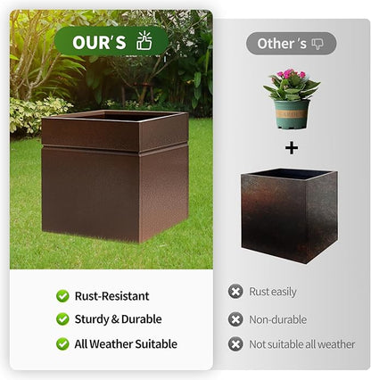 Matel Planter Box 17" L x 17" W x 18" H, Cube Heavy Duty Powder Coating Steel Planters with Drainage Hole, Indoor Outdoor All-Weather Use for Home, Porch, Patio, Garden(Bronze)