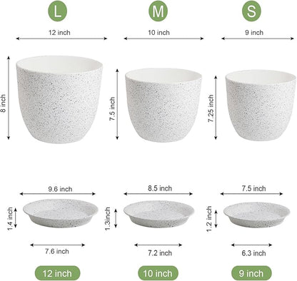 Large Flower Pots 12/10/9 inch, Set of 3 Modern Decorative Plastic Planters with Drainage Holes and Saucers for Garden House Plants, Plant Pots for Indoor Outdoor Plants, Speckled White