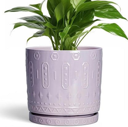 Ceramic Flower Pots, 8 Inch Plant Pots Indoor Outdoor, Round Planter with Drainage Hole and Tray, Boho Planter, Decorative Pot for Plants, Apartment Decor, House Warming Gifts, Purple