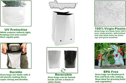 Viagrow Grow Bags Thick Plastic Grow Bags for Potting, Seedlings, Rootings, 1 Gallon 100 Pack, White