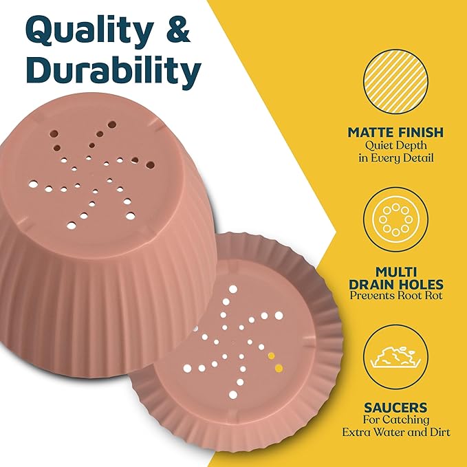 Pink 6-Inch Plant Pots with Drainage & Saucers 18 Pack, Indoor & Outdoor Planters for Houseplants, Herbs, and Flowers, Durable & Weatherproof Material, Stackable, Lightweight, Minimalist Design