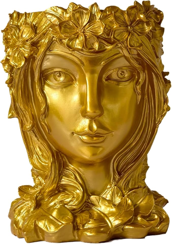 Face Flower Pot Head Planter with Drainage Hole - Cute Resin Goddess Face Planter for Indoor & Outdoor Use (Goddess Golden, Large)