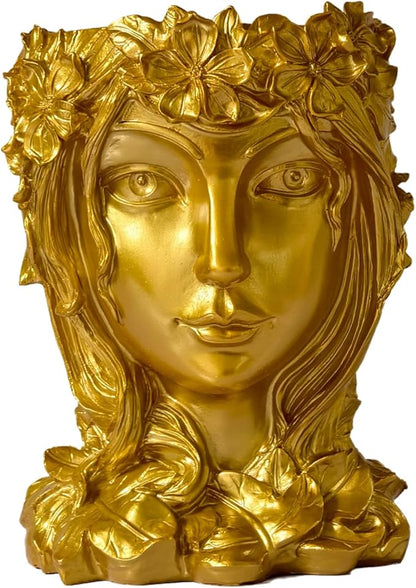 Face Flower Pot Head Planter with Drainage Hole - Cute Resin Goddess Face Planter for Indoor & Outdoor Use (Goddess Golden, Large)