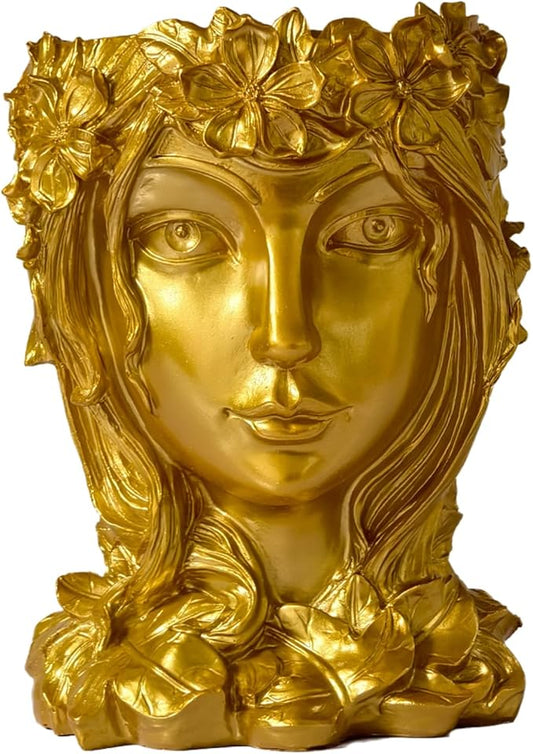Face Flower Pot Head Planter with Drainage Hole - Cute Resin Goddess Face Planter for Indoor & Outdoor Use (Goddess Golden, Large)