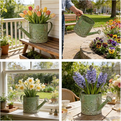 Vintage Metal Watering Can Planter with Embossed Floral - Distressed Green Decorative Watering Pot for Indoor/Outdoor Flowers, Succulents & Herbs, Rustic Home Decor Accent