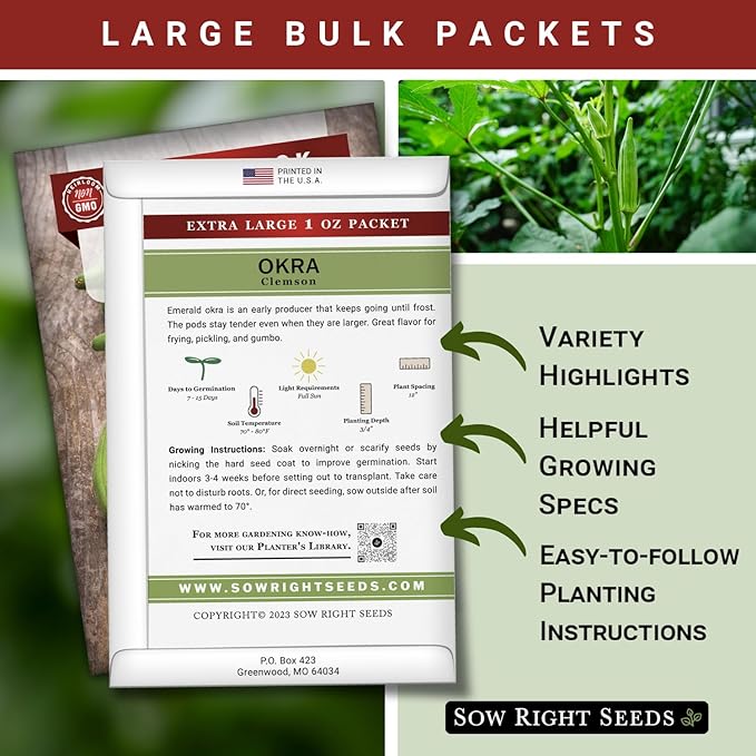 Sow Right Seeds - Bulk Clemson Spineless Okra Seeds for Planting - 1 Ounce, 525 Seeds - Non-GMO Heirloom Jumbo Pack with Instructions to Plant a Home Garden - Make Fried Okra - Abundance of Greens