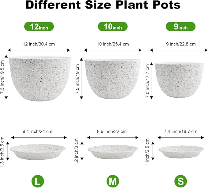12/10/9 inch Plant Pots, 3 Pack Flower Pots for Outdoor Indoor Garden Plants, Large Planters with Multi Mesh Drainage Holes and Saucer (Speckled White, 12"+10"+9")