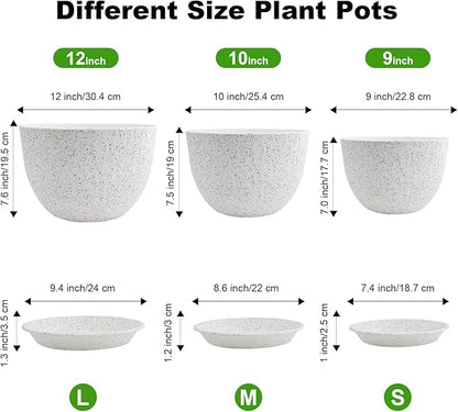 12/10/9 inch Plant Pots, 3 Pack Flower Pots for Outdoor Indoor Garden Plants, Large Planters with Multi Mesh Drainage Holes and Saucer (Speckled White, 12"+10"+9")