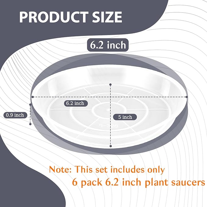 6 Pack Clear Plant Saucer, Durable Plant Drip Trays Saucers for Pots, No Holes Water Catcher Trays for Indoor Outdoor Planter, Sturdy Base Plate (Clear, 6.2"-6Pack)