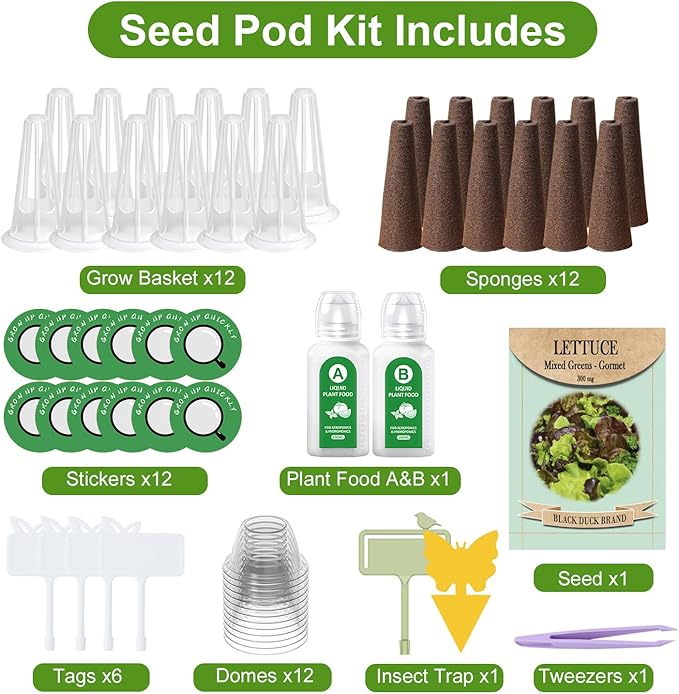 Salad Seed Pods, 12 Pods Grow Anything Kit for All Hydroponics Growing Systems with Nutrient & 300mg Seeds of Buttercrunch, Black Seeded Simpson, Oakleaf, Prizehead, Red Salad Bowl and so on