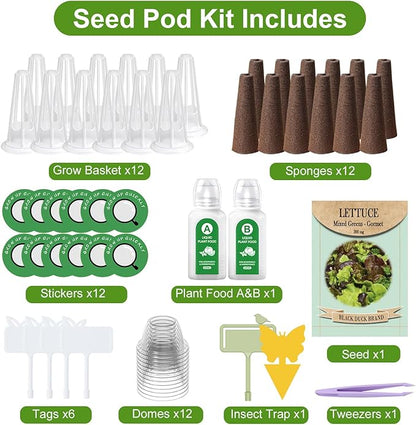 Salad Seed Pods, 12 Pods Grow Anything Kit for All Hydroponics Growing Systems with Nutrient & 300mg Seeds of Buttercrunch, Black Seeded Simpson, Oakleaf, Prizehead, Red Salad Bowl and so on
