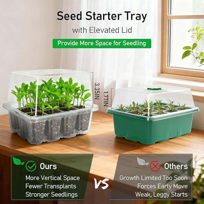 MIXC Seed Starter Tray with Elevated Lid, 120 Cells Seed Starter Kit with Adjustable Humidity Dome, Drainage Hole, Clear Heightened Lids for Indoor Outdoor Greenhouse Gardens, 10 Pack, Transparent
