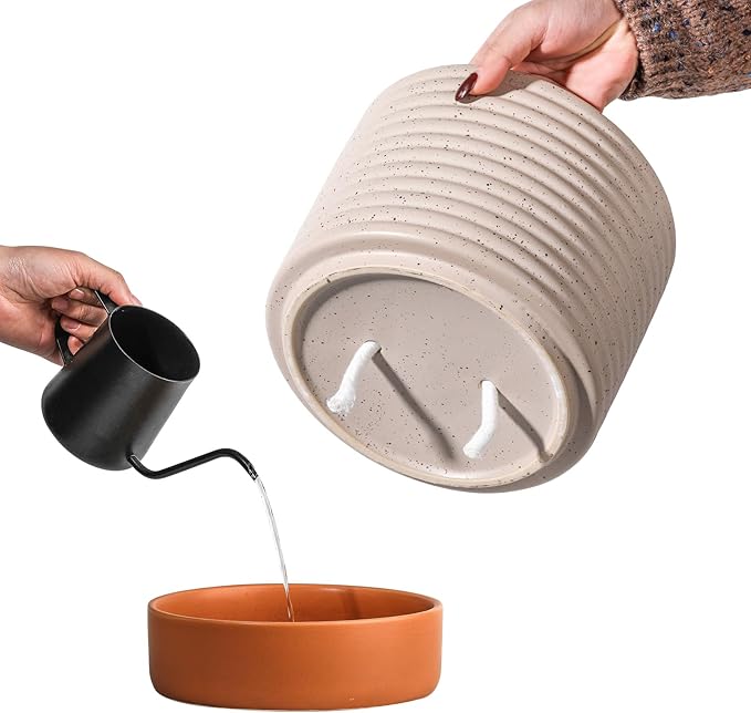 Self Watering Plant Pot : 8 Inch Ceramic Planter with Drainage Hole & Water Storage Plus - Flowerpot for Indoor & Outdoor Plants (Beige & Red-Brown)