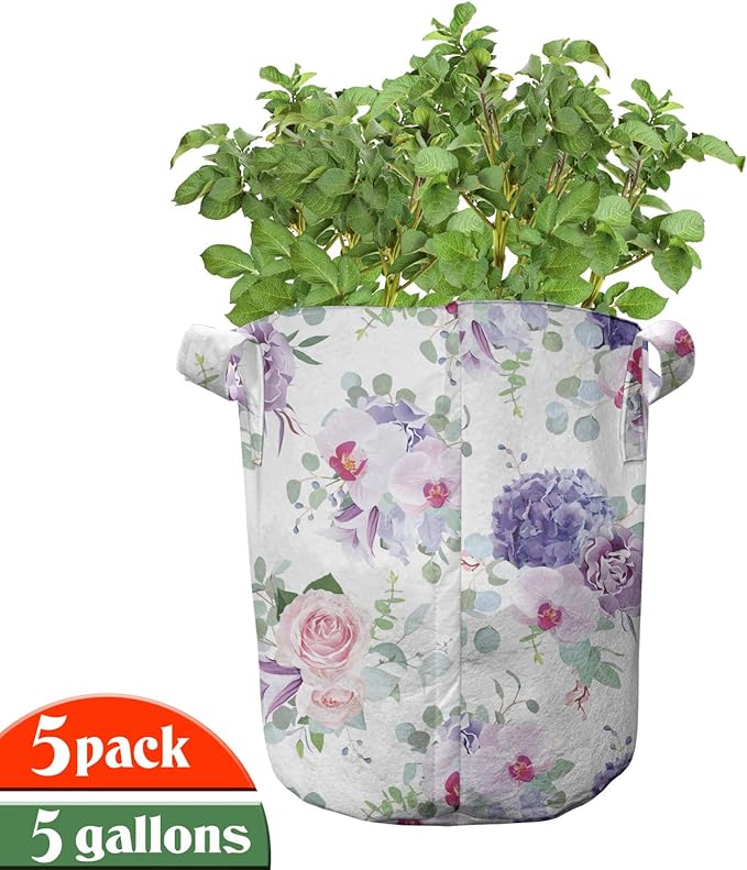 Ambesonne Colorful Grow Bags 5-Pack, Carnival Feathers, Heavyduty Fabric Pots with Handles for Plants, Eggshell