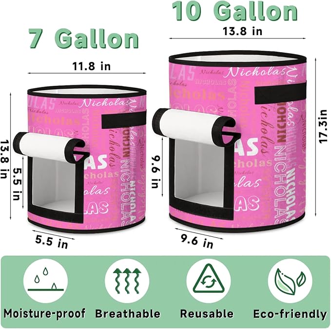 Custom Name Grow Bags 10 Gallon Personalized Breathable Potato Growing Bag with Flap Harvest Window and Handles Garden Planting Bag for Tomato Vegetable Fruits 2 Pack Neon Pink