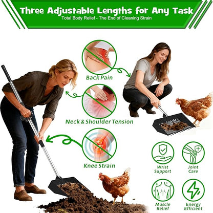 Chicken Poop Scooper & Rake 2-in-1 – 12 Inch Shovel Head & 3-Angle Adjustable Stainless Steel Handle, Chicken Litter Scoop and Coop Rake & Sand Sifting Shovel for Chicken Coops, Black