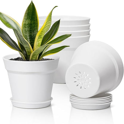 T4U 7.5 Inch Plant Pots 6 Pcs, Flower Pots for Plants, Plastic Planter Pots for Indoor Plants with Drainage Holes and Saucer (6 Pcs, 7.5", White)