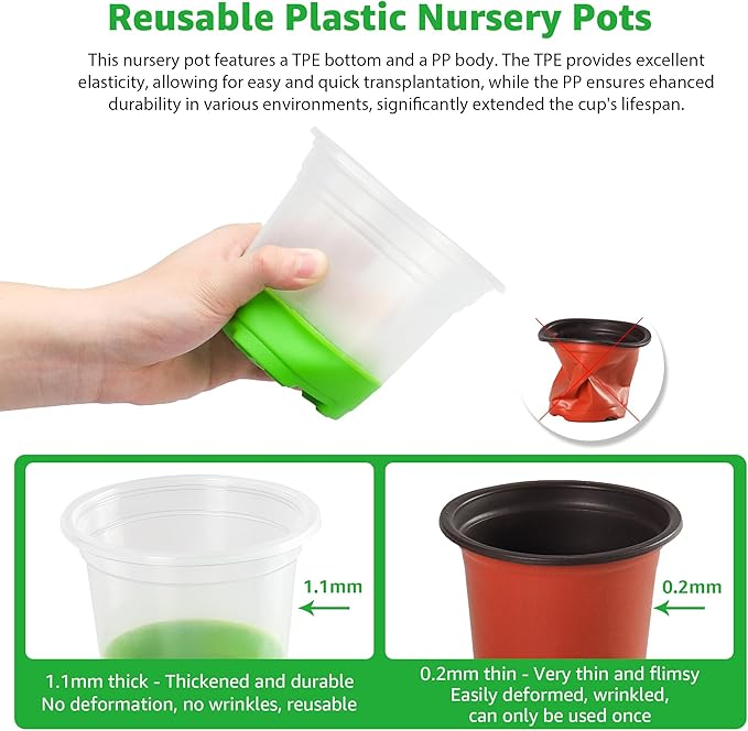 MIXC Thickened Clear Nursery Pots with Silicone Base for Easy Transplant 30 Packs 5 Inch, Transparent Plant Pot Reusable Seedling Pots for Vegetable Propagation, Root Cutting, Seed Starting, Green