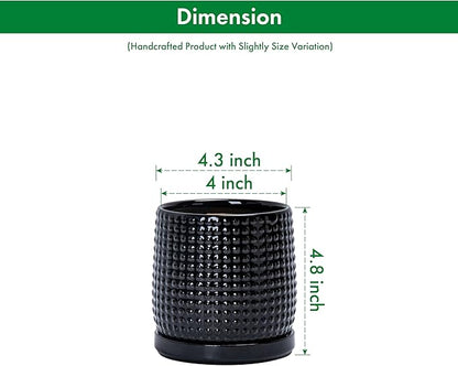 D'vine Dev 4 Inch Ceramic Beaded Stoneware Planter Pot - Flower Pot with Drainage Holes and Saucers for Indoor Succulent Plants or Flowers, Glossy Black, 27-C-Z-2